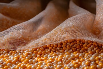 Closeup of Dried Corn Kernels Underneath Sheer Fabric
