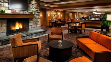 Cozy hotel lobby with soft lighting, modern furniture, and an inviting reception area.