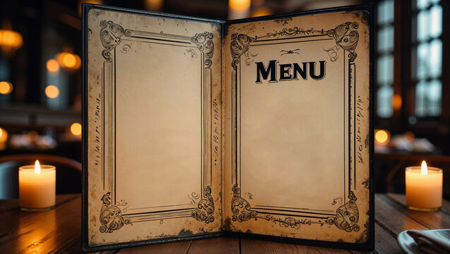 Vintage blank restaurant menu on rustic wooden table