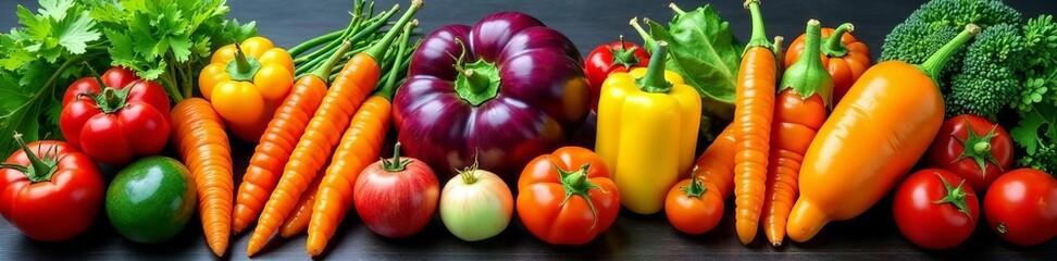 Fototapeta premium Assortment of colorful vegetables neatly arranged, vibrant, assorted, harvest