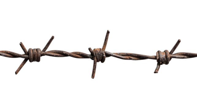 Rusty barbed wire close-up on transparent background
