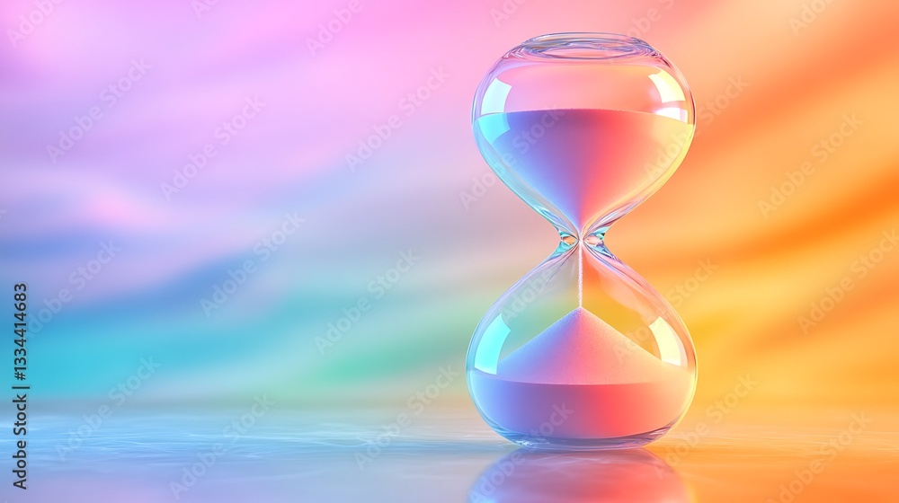 Poster iridescent hourglass of time passing smoothly with pastel hue background art rendering illusion