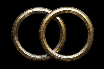 Two overlapping circular golden rings against a black background
