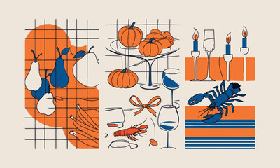 A modern vector-style illustration featuring three panels showcases, The first panel showcases abstract fruits, including bananas, pears, and pumpkins, easily editable.