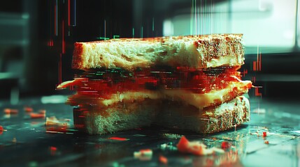 Layered Sandwich with Pixelated Glitch Art Effects on Tabletop Surface Contemporary Food Photography