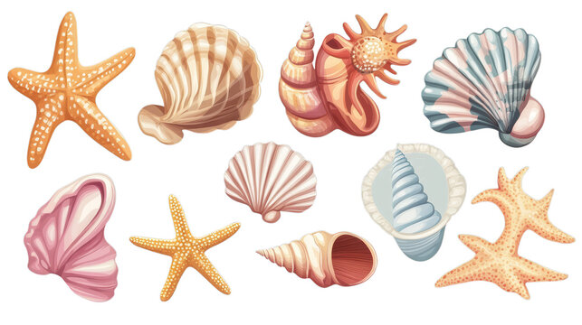 Colorful seashell and starfish collection with varied patterns and textures