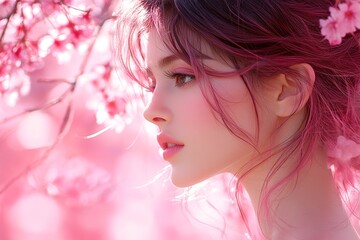 Naklejka premium Commercial digital ads conceptual art. Spring mood, soft daylight and fog. Lovely middle eastern young woman surrounded by cherry blossoms. Springtime woman in bright cherry blossoms.
