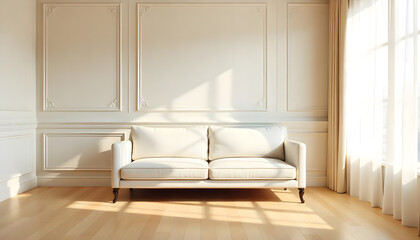 A white wall panelling with a beige sofa and a wooden floor.