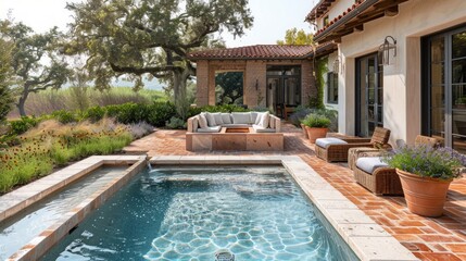 Cozy Mediterranean courtyard featuring terracotta pool olive wood fire pit and aromatic herb garden with natural ambiance outdoor living area