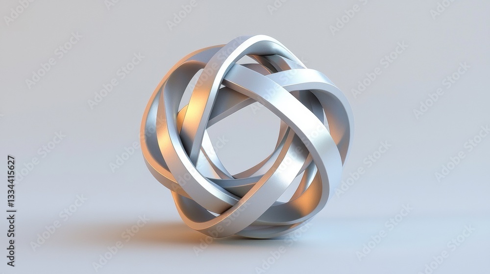 Poster a 3d rendering of a metallic wire loop sculpture.