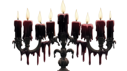 Dark gothic candelabrum with six melting red candles and flames