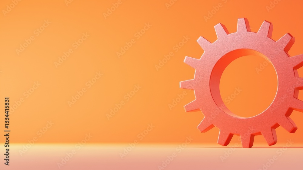 Poster a 3d rendering of a gear-shaped object in a gradient of orange and pink.
