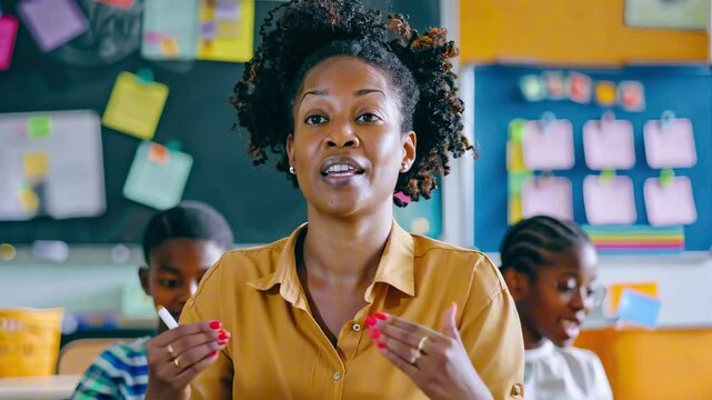 Afro american female teacher speaking passionately at parent-teacher meeting PTM in bright colorful classroom, engaging with parents about student progress. Education, communication, back to school