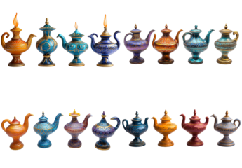 Collection of Exquisite Handcrafted Painted Teapots and Oil Lamps isolated with Transparent Background