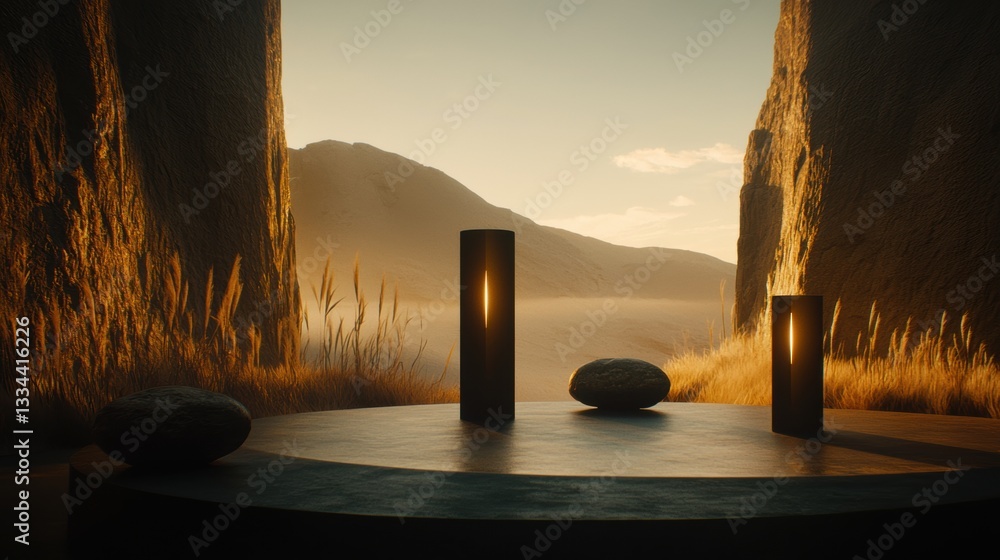 Poster a surreal landscape at sunset, featuring a circular platform with three dark, cylindrical objects an