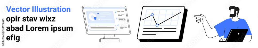 Poster data analysis setup including a tablet with chart, computer displaying website, person holding lapto
