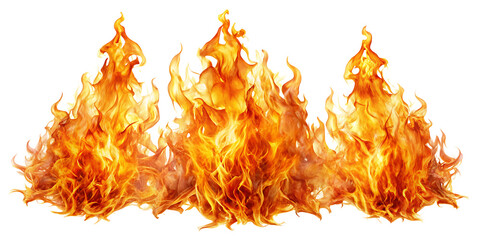 set of bright and dynamic fire flames  isolated on white background .PNG