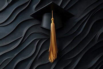 3D Graduation Cap Icon in Black with Golden Tassel