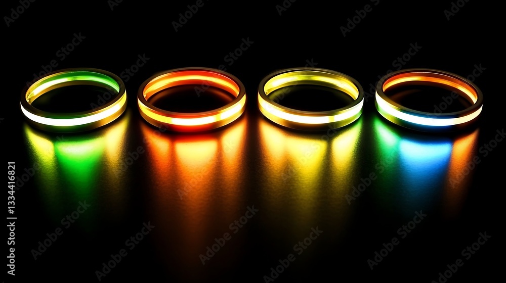 Poster luminous glowing rings array colored light spectrum display intense vivid hues on dark surface