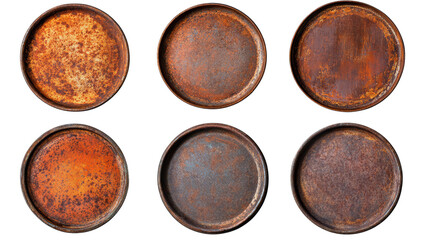 Set of six rusty metal baking trays with varied corrosion patterns