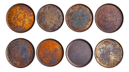 Collection of eight rusty metal circular surfaces with varied patinas and textures