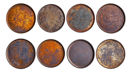 Collection of eight rusty metal circular surfaces with varied patinas and textures
