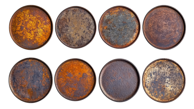 Collection of eight rusty metal circular surfaces with varied patinas and textures