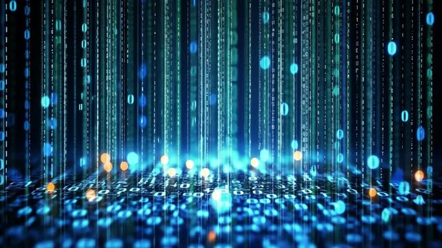 Digital Abstract Technology Glowing Blue Binary Code and Lights Create Futuristic Atmosphere