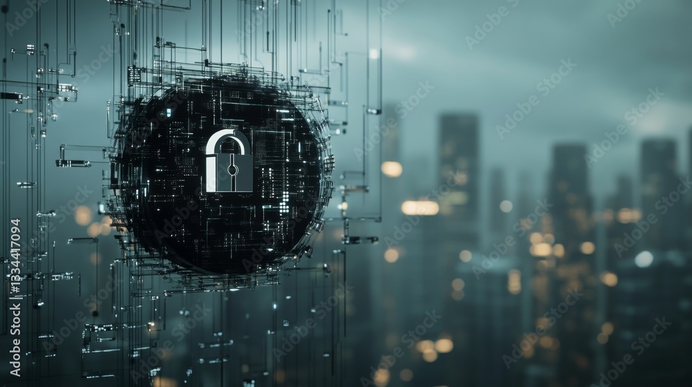 Poster securing the future digital lock over tech gigapixel matrix virtual space digital art cyber environm