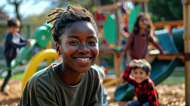 Smiling black afro american teenage girl sitting at a playground, enjoying a cheerful moment while interacting with younger children. PE class, jym, back to school concept