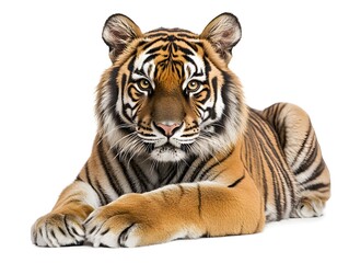 Obraz premium A majestic Malayan tiger rests peacefully on a white background showcasing its striking orange and black stripes.