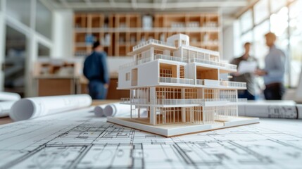 Architectural design studio interior showcasing a modern house model, blueprints, and architects collaborating, emphasizing future home construction and creative development