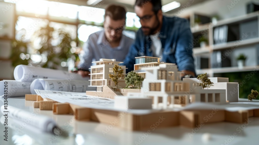 Poster architectural model study: two professionals collaborating on residential building design with bluep