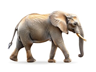 Fototapeta premium A majestic adult African elephant walks gracefully against a pure white background showcasing its detailed textured skin and large tusks.