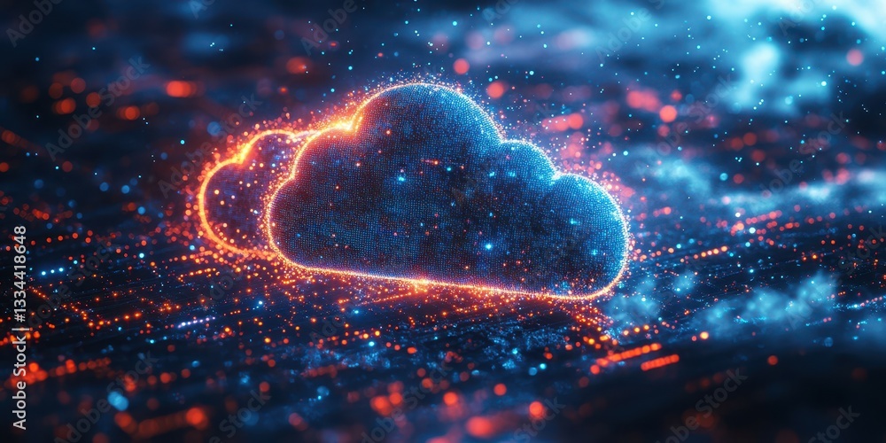 Poster digital clouds with glowing edges hover above a network of lights in a futuristic landscape at night
