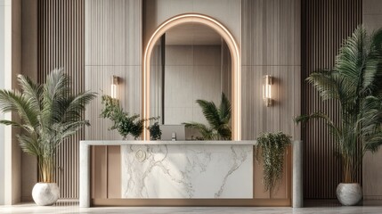 Elegant hotel reception area with large mirrors, decorative elements, and a marble front desk.