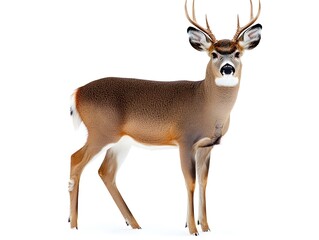 Fototapeta premium A majestic white-tailed deer stands proudly against a pure white background showcasing its antlers and coat details.