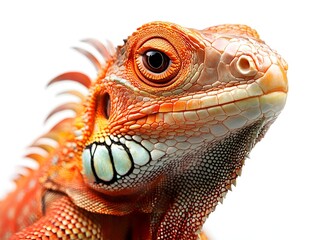 A vibrant red iguana portrait showcases intricate scales and textures against a clean white background perfect for exotic pet or reptile themed