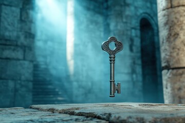 A Monumental Brass Key in an Ancient Chamber with a Glowing Portal in the Background, Representing Unlocking Secrets and New Realms