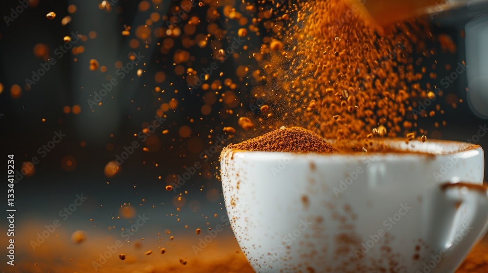 Poster aromatic coffee grounds falling into a pristine white cup, creating a visually appealing display of 