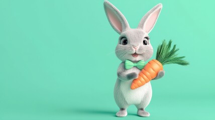 Obraz premium Charming 3D render of a bunny in a tiny bowtie holding a carrot-shaped Easter gift, perfect for festive holiday designs, children’s themes, and cheerful springtime illustrations. 