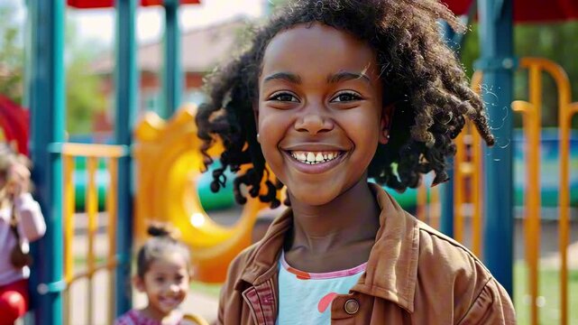 Smiling afro american girl with curly hair standing in front of a playground having a jym or PE class, radiating joy and confidence in a carefree childhood moment, back to school concept