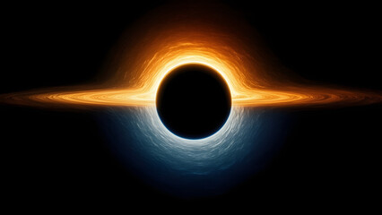 A deep-space scene featuring an enormous black hole bending light around it