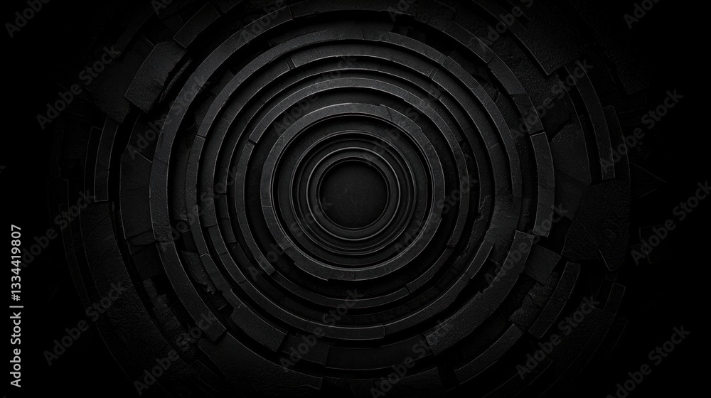 Poster a black and white abstract image of a circular pattern.