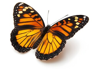 Fototapeta premium A vibrant orange and black butterfly with intricate wing details is shown in a striking close-up against a pure white background.