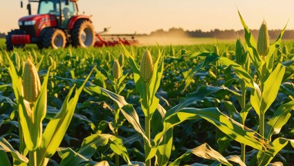 Tractor Spraying Pesticides On Young Cornfield, Applying Herbicides And Fertilizers To Promote Healthy Crop Growth. Agricultural Machinery Operating In Farmland, Illustrating Modern Farming Practices 