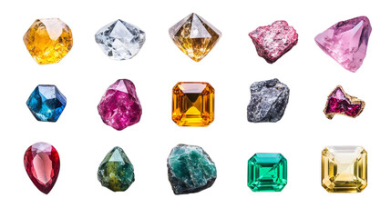 Fototapeta premium Collection of multicolored gemstones and crystals on transparent background