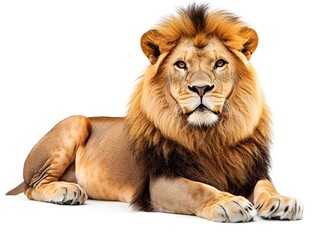Obraz premium A majestic male African lion rests majestically on a white background showcasing its powerful build and impressive mane in a striking pose.