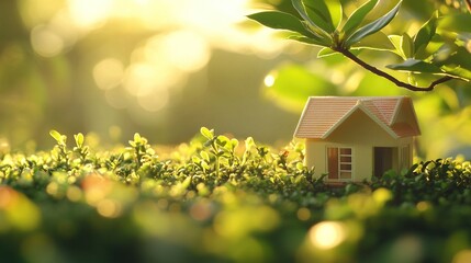 Naklejka premium Copy space of home and life concept featuring a small model house placed on green grass with a sunlight abstract background, symbolizing warmth, comfort, and the idea of a dream home. Perfect for real