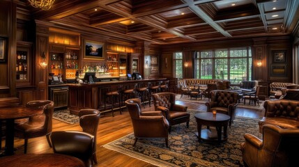 Five-star hotel bar with ambient lighting, luxurious seating, and premium glassware.